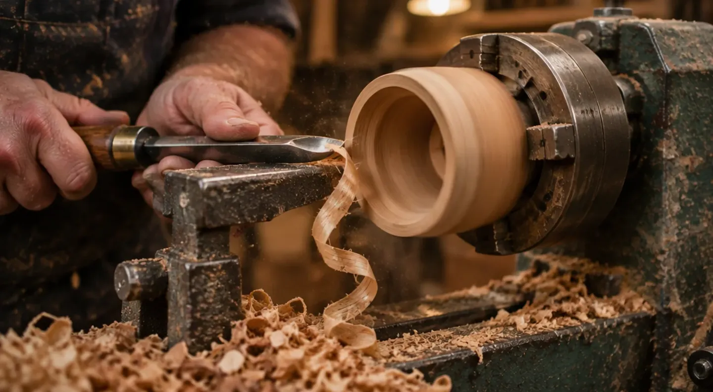 The oak cup being hollowed on the lathe